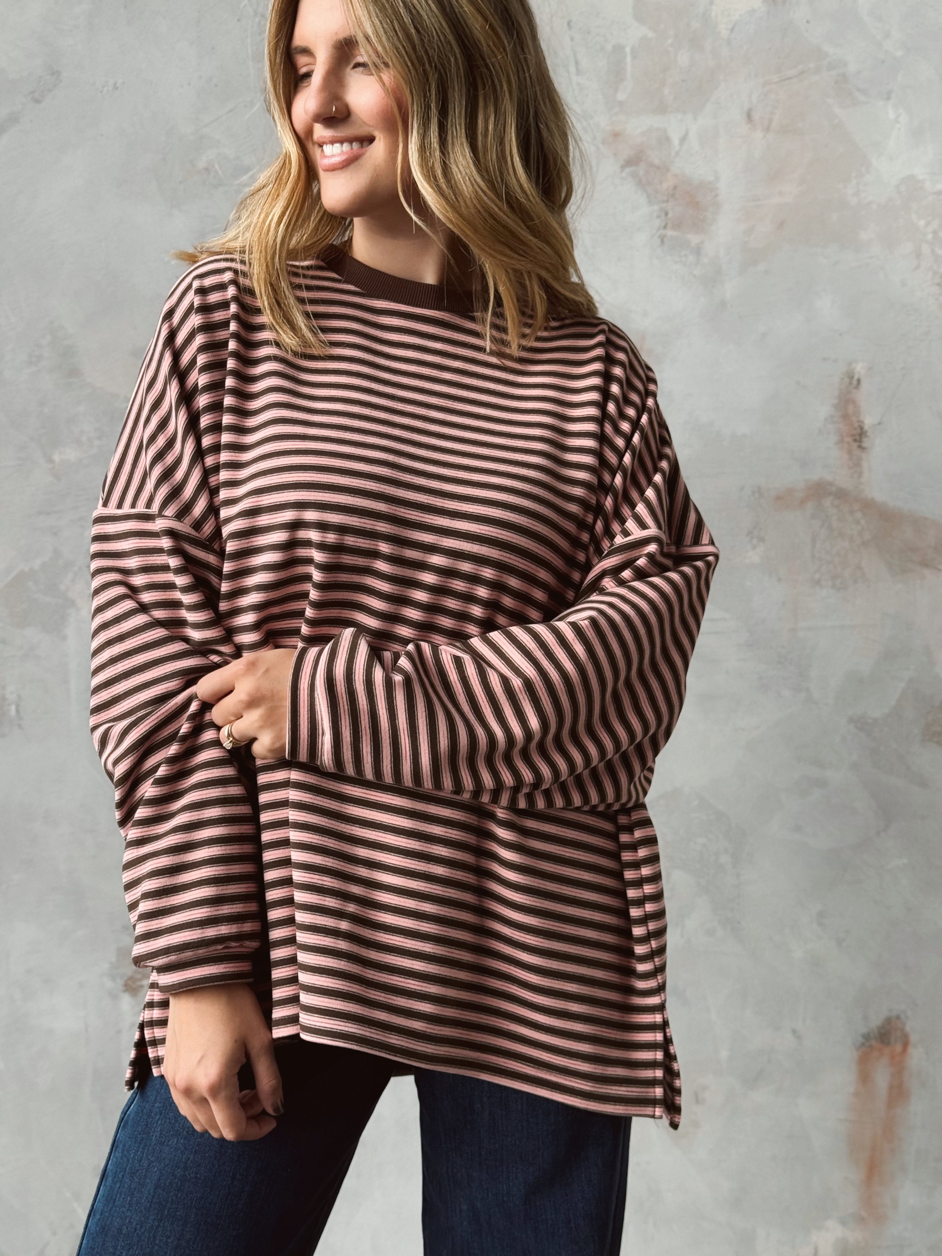 Cozy Stripe Sweatshirt - PINK - Storetradenest SWEATSHIRT