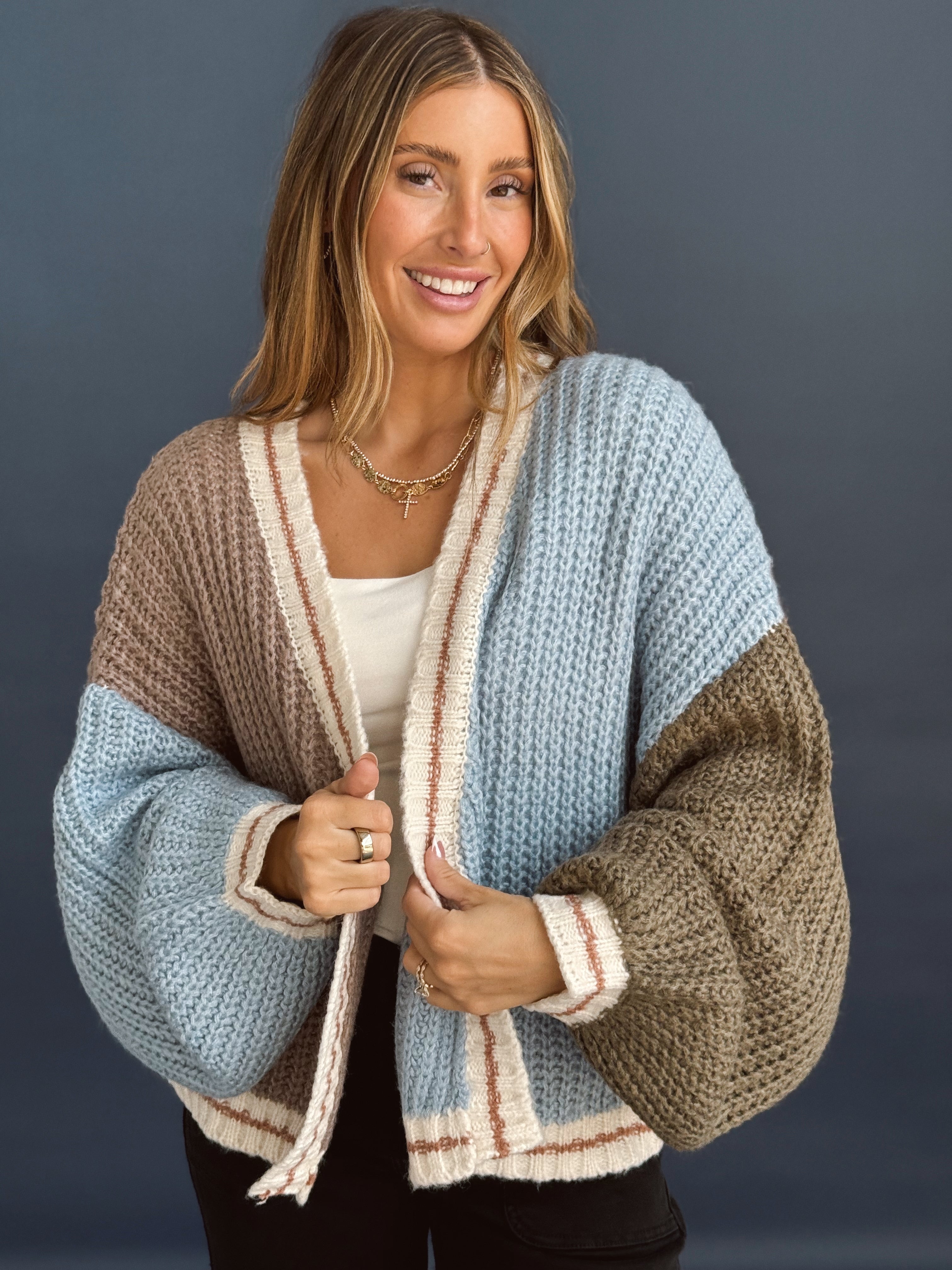 Rain On Me Cardigan - MOCHA/BLUE - Storetradenest Cardigan